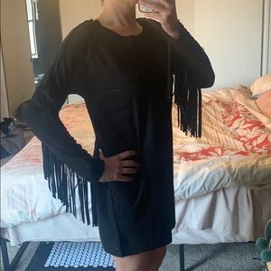 Black Faux Suede Fringe Dress